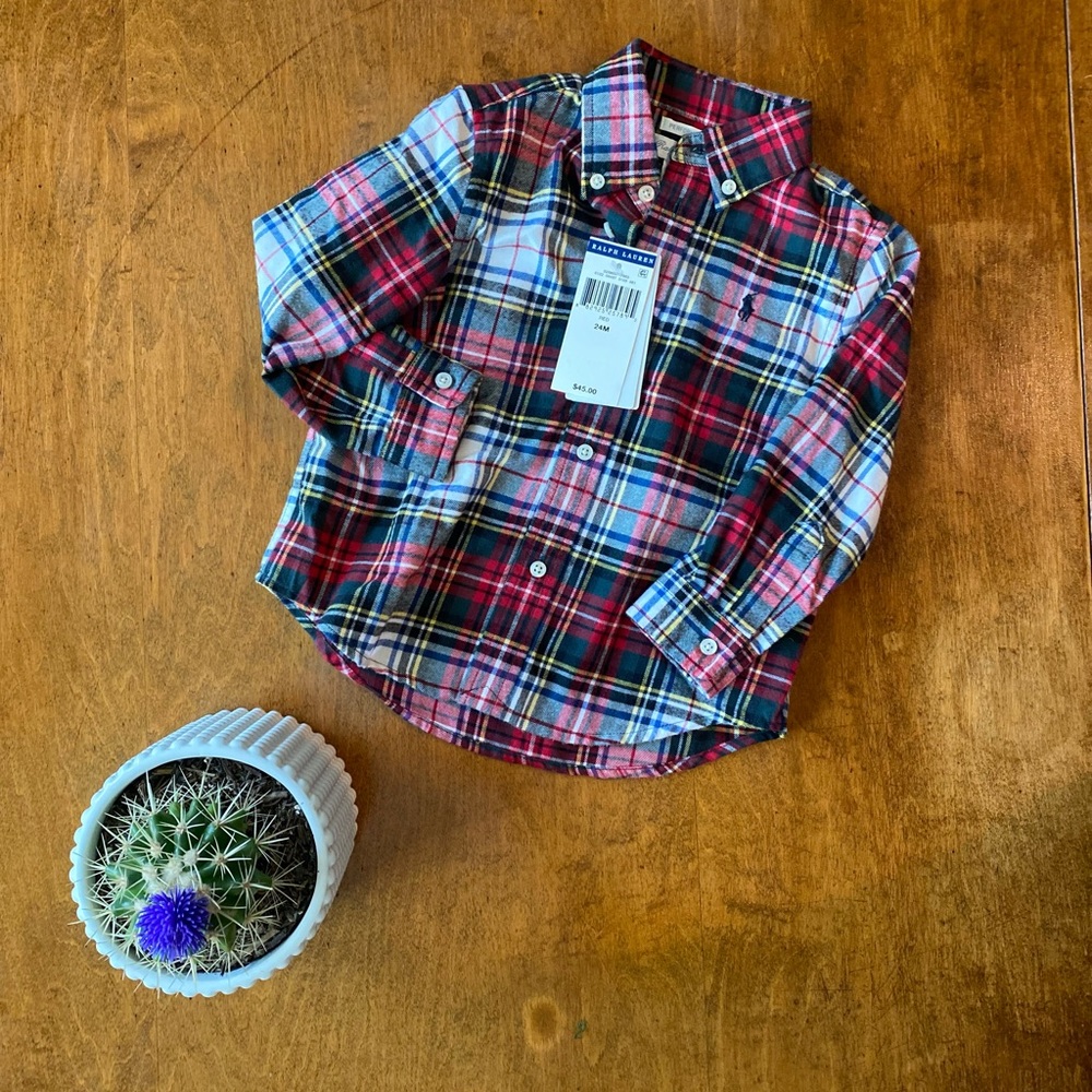 Ralph Lauren Boys 24M Plaid Flannel Button Down Shirt NWT Red Blue Holiday